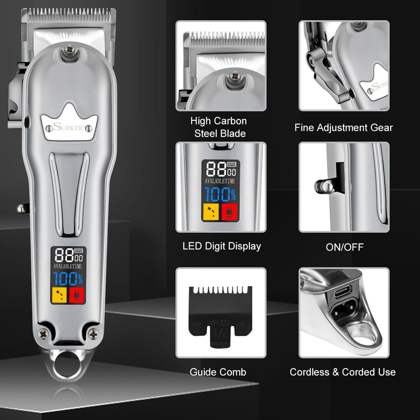 Surker Professional Hair clipper Mens Hair Cutter SET 2 Machine Electric Cordless Hair Trimmer for Barber USB Charging