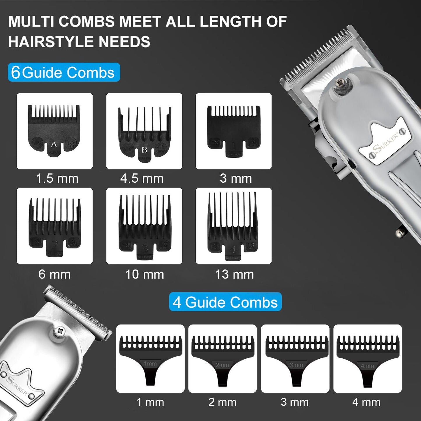 Surker Professional Hair clipper Mens Hair Cutter SET 2 Machine Electric Cordless Hair Trimmer for Barber USB Charging
