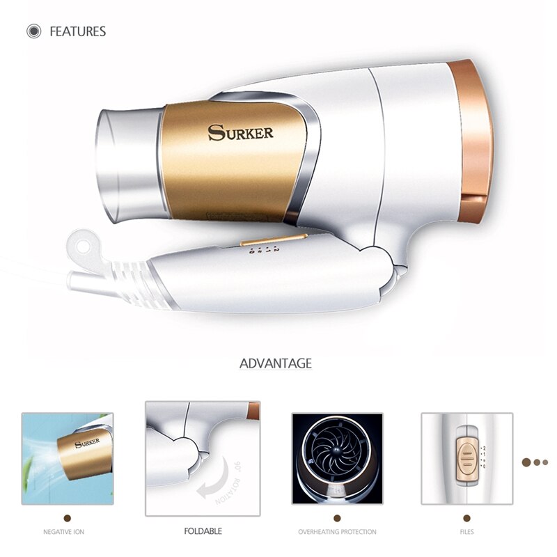 Surker Professional Hair Dryer Anion Foldable 1600W Quick-drying SK-3909 - surker